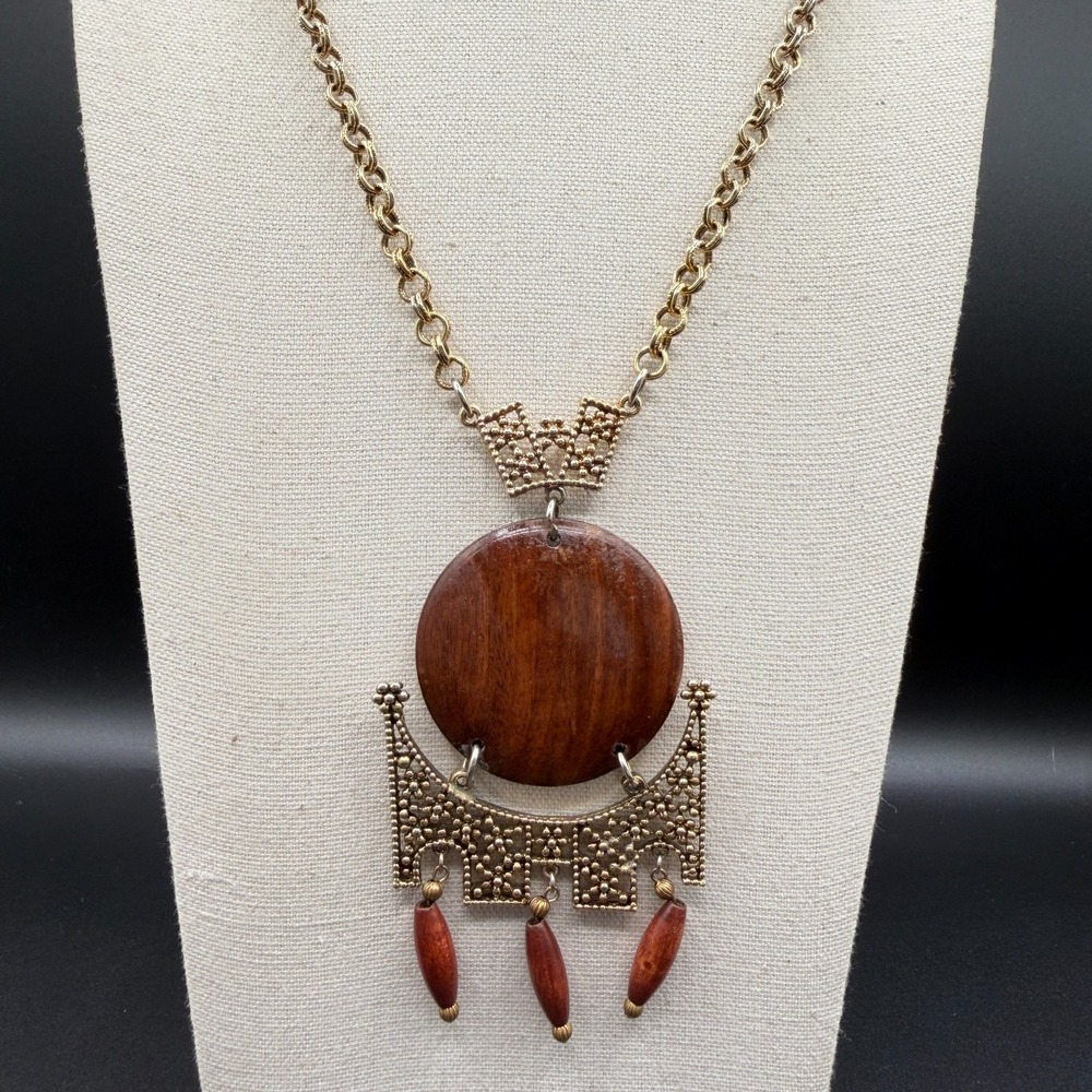 Wood Pendant Necklace Antique Gold Tone Filigree Dangle Boho Statement Artisan